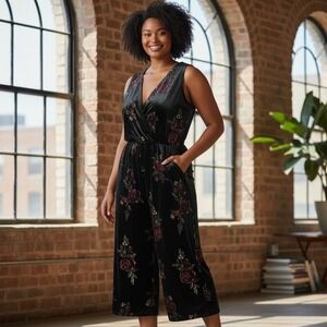Velvet Floral Print Wide Leg Jumpsuit L Black Cropped Comfy Casual Whimsigoth